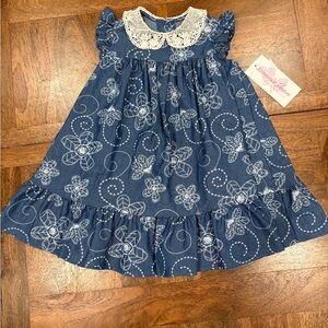 Bonnie Jean Blue Denim Floral Dress with Crochet Collar Toddler Size 2T NWT